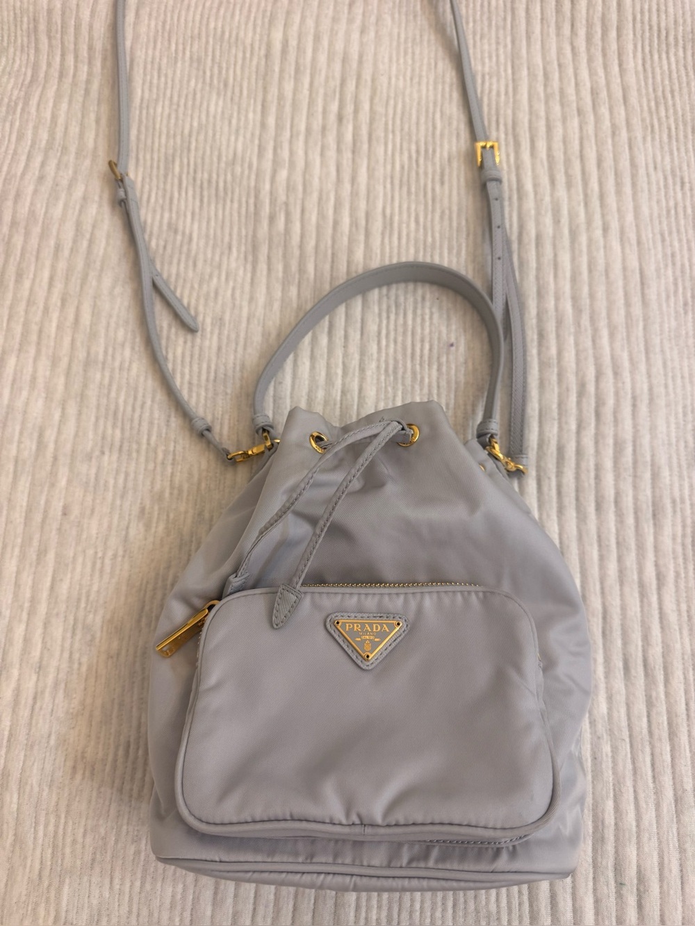 Prada Gray Nylon Drawstring Bucket Shoulder Bag with Front Zip Pocket